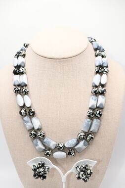 Vintage Japan Necklace Earring Set Blue Gray Beads Double Strand
